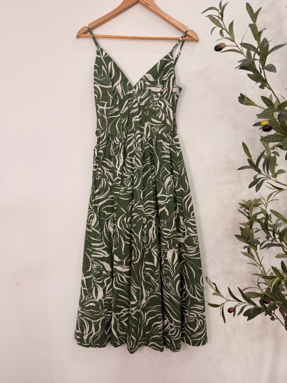 Japna Green & White Tropical Floral Cotton Midi Dress Women's Medium